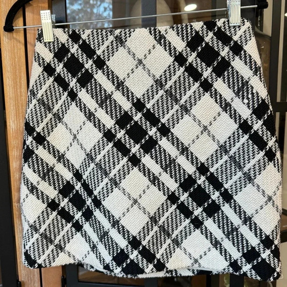 H&M tweed mini skirt plaid high waisted lined elastic wool neutral stretchy - Picture 2 of 6